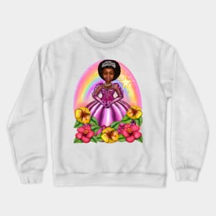 Black Afro Princess in purple with flowers and rainbow i ! beautiful  black girl with Afro hair, brown eyes and dark brown skin. Hair love ! Crewneck Sweatshirt